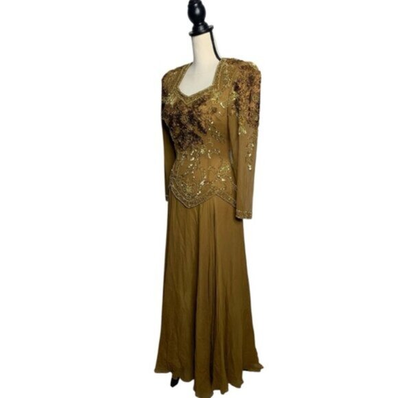 Isabella Vintage Silk Golden Sequin Beaded Embellished Evening Gown - Picture 4 of 16